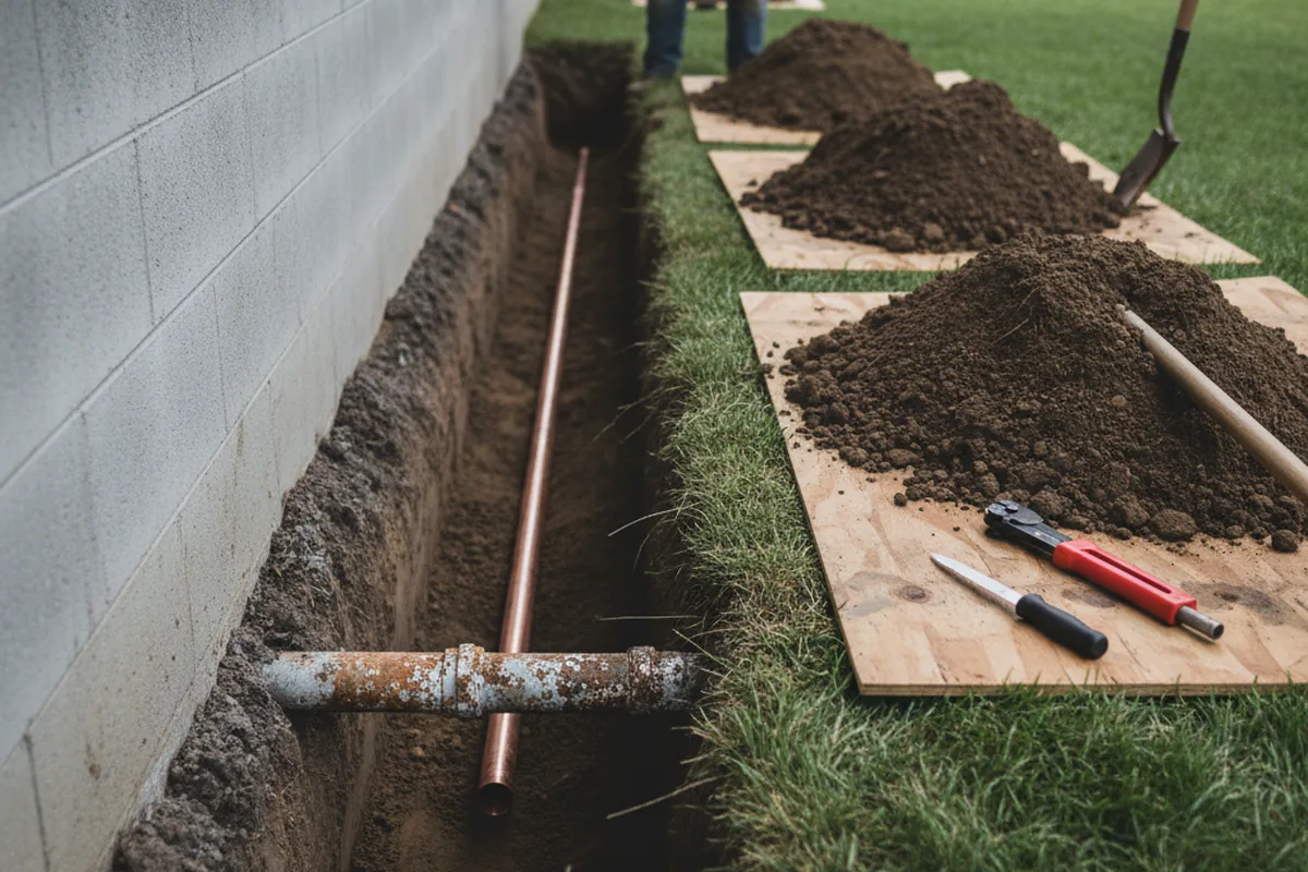 Excavated water line trench during Sewer Line Repair in Maidsville